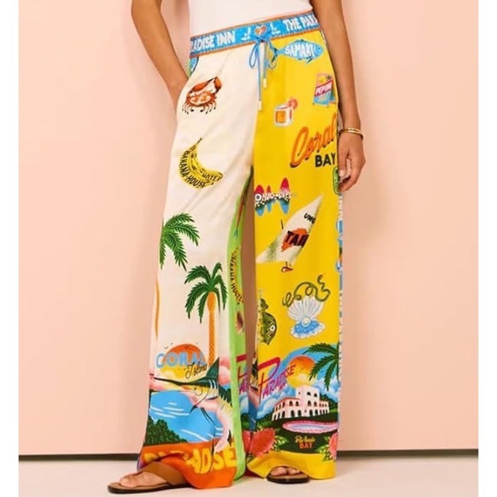 Paradise Print Wide Leg Palazzo Pants Tropical Mediterranean Yellow Scenic Small